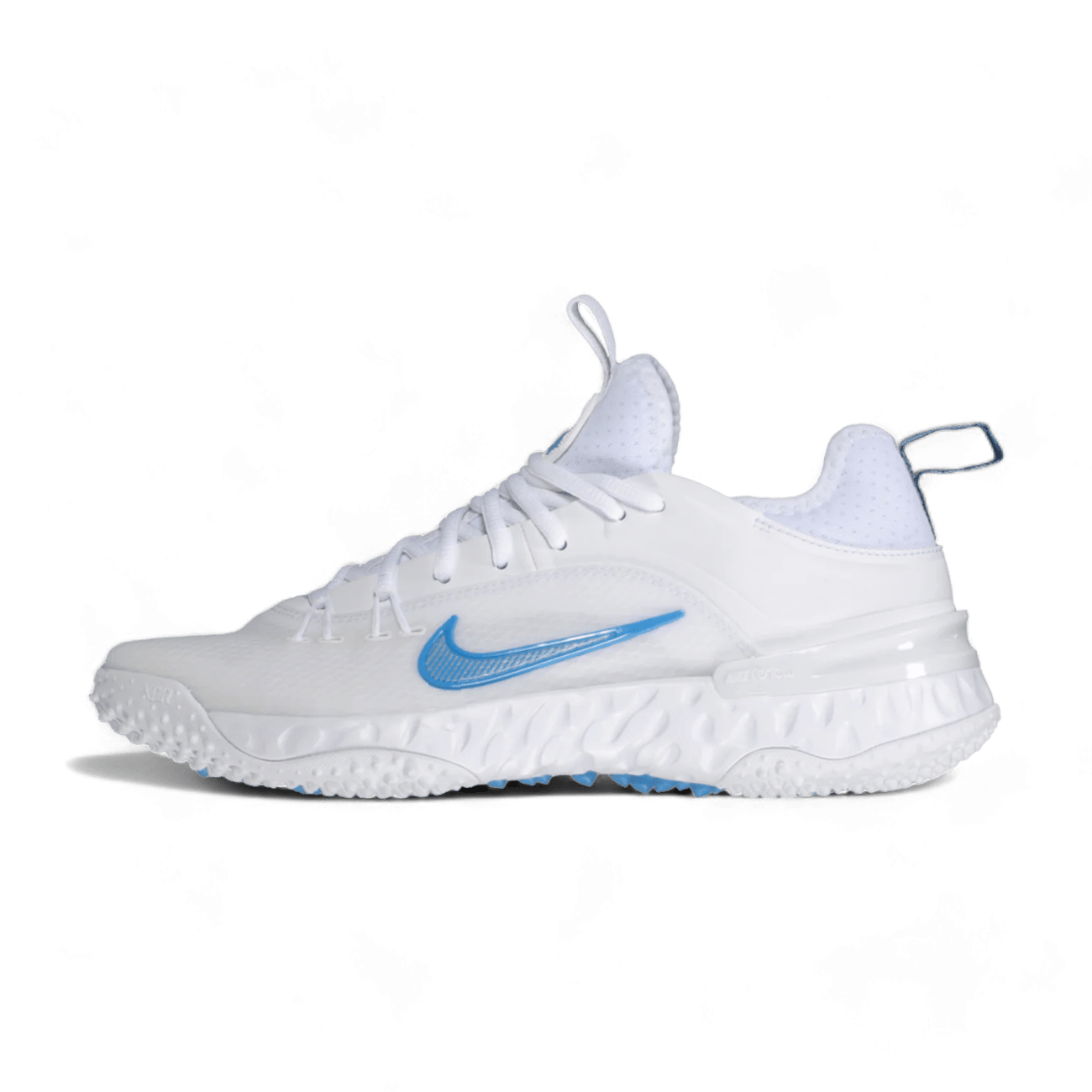 The Nike Alpha Huarache 9 Elite Turf Shoes - TB are white athletic shoes that feature a blue swoosh logo on the side. They come equipped with a textured sole for multidirectional traction and include subtle blue accents along with a handy pull tab at the heel. Tailored for elite lacrosse players, these shoes offer a sleek and modern design suitable for both sports and casual wear.