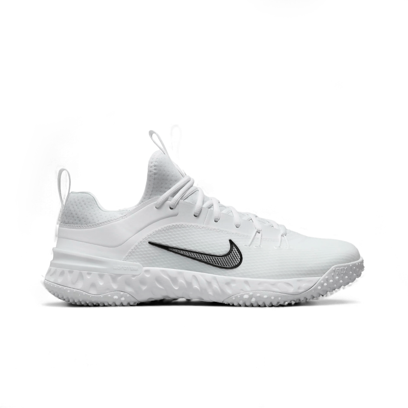The Nike Alpha Huarache 9 Elite Turf Shoes are white athletic footwear designed for elite lacrosse players, featuring a textured sole for multidirectional traction and a black Nike swoosh logo on the side. These low-top shoes offer mesh-like material for optimal breathability.