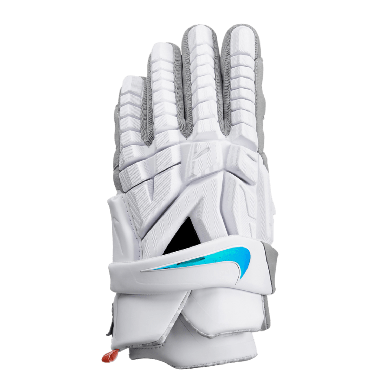 The Nike Vapor Premier Lacrosse Gloves, by Nike, are white sports gloves accented with blue that feature padded fingers and a prominent logo. Engineered for protection and flexibility, these gloves boast a lightweight design with adjustable straps and incorporate Nike Dri-FIT technology to ensure a contemporary, comfortable fit.
