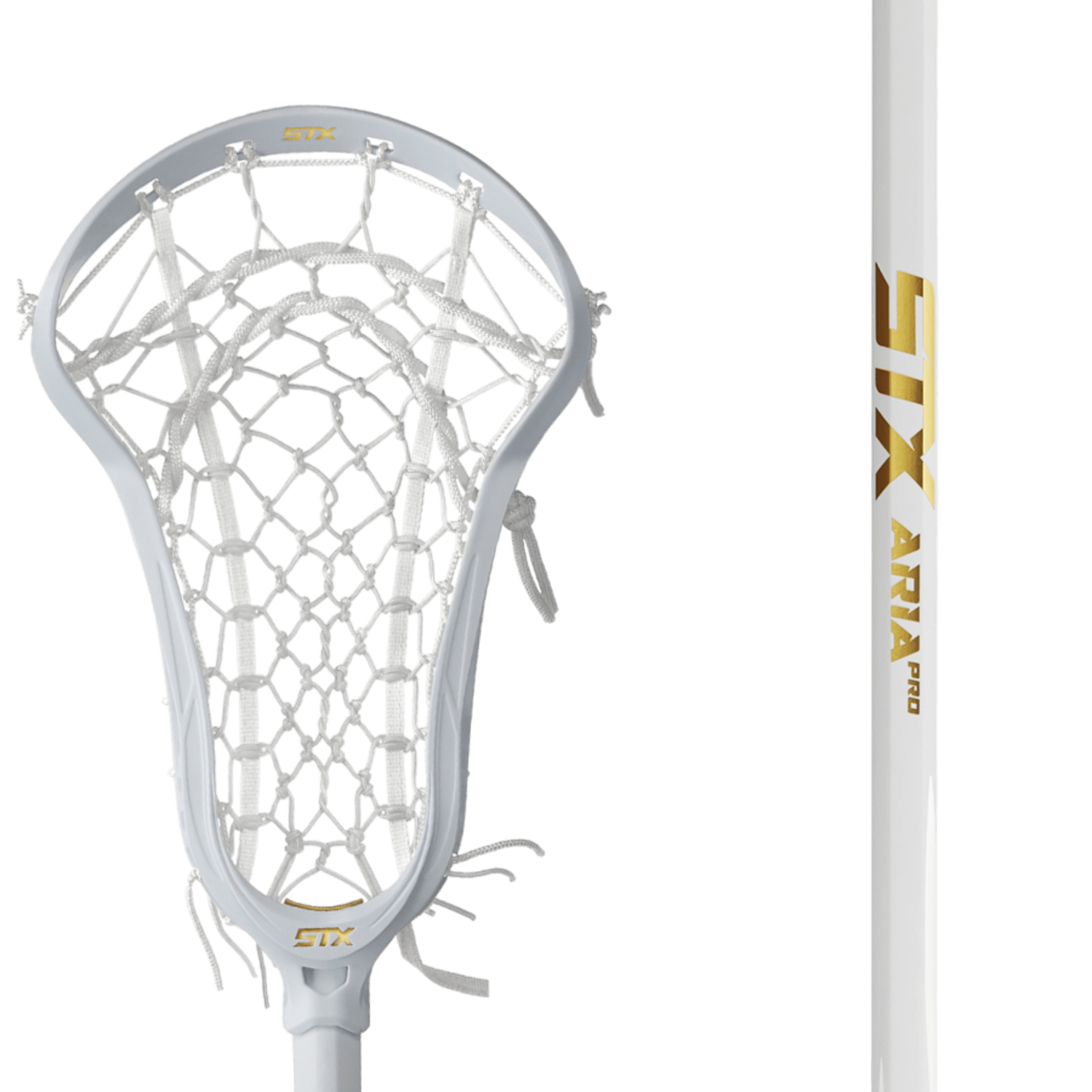 The STX Aria Pro Lock Pocket Complete Stick sports a white mesh netting and shaft, accented with "STX" and "Aria Pro" in gold lettering. The stick's design elegantly combines white and gold tones, featuring the Speed Scoop for quick ball retrievals and the innovative Lock Pocket for secure ball control.