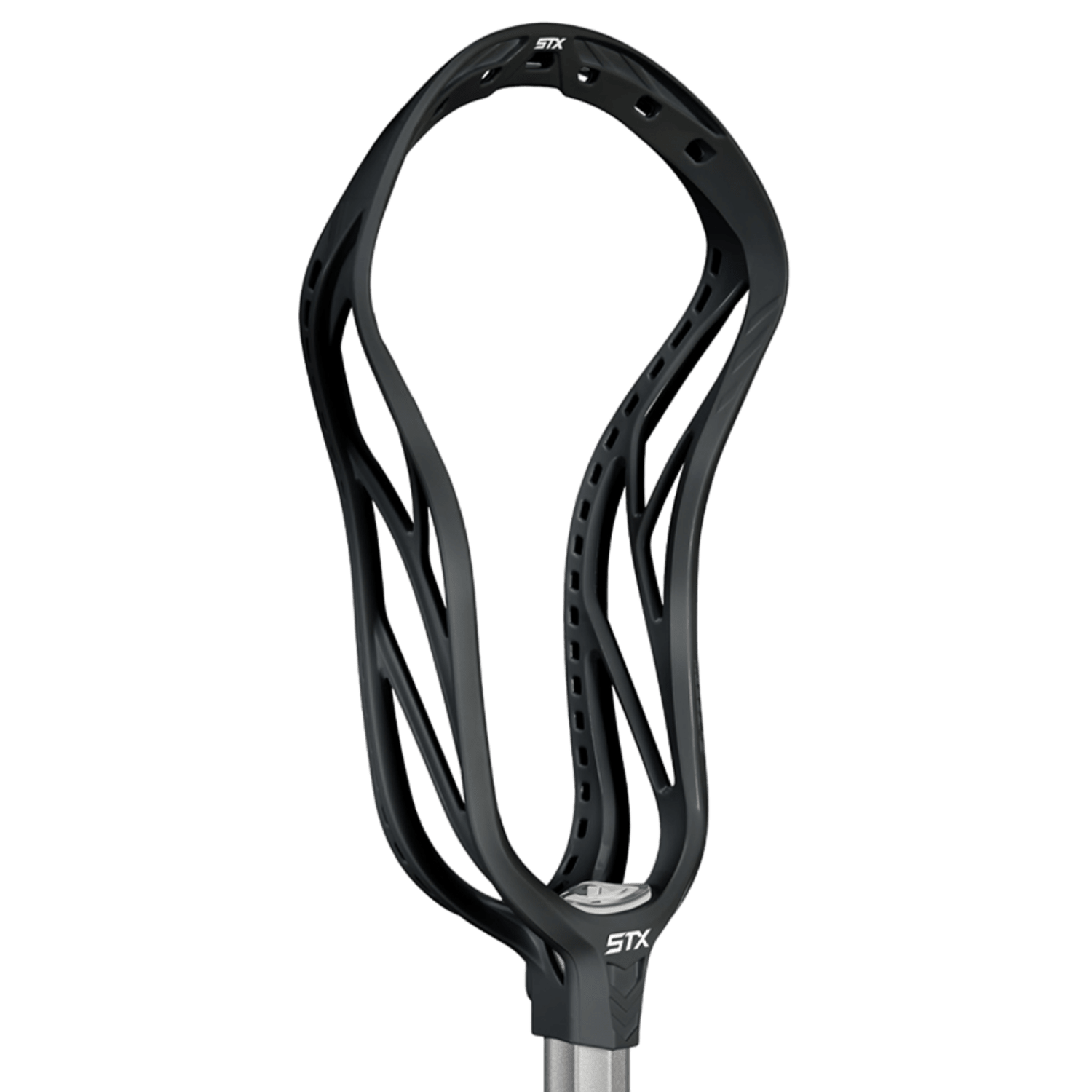 The STX HD SR1K BK XX/BOM lacrosse stick head boasts a sleek, modern design with vented slits on the sides. It's extremely lightweight, making it ideal for elite offensive players. The STX logo is prominently displayed at both ends of the head, which is secured to a metallic shaft.