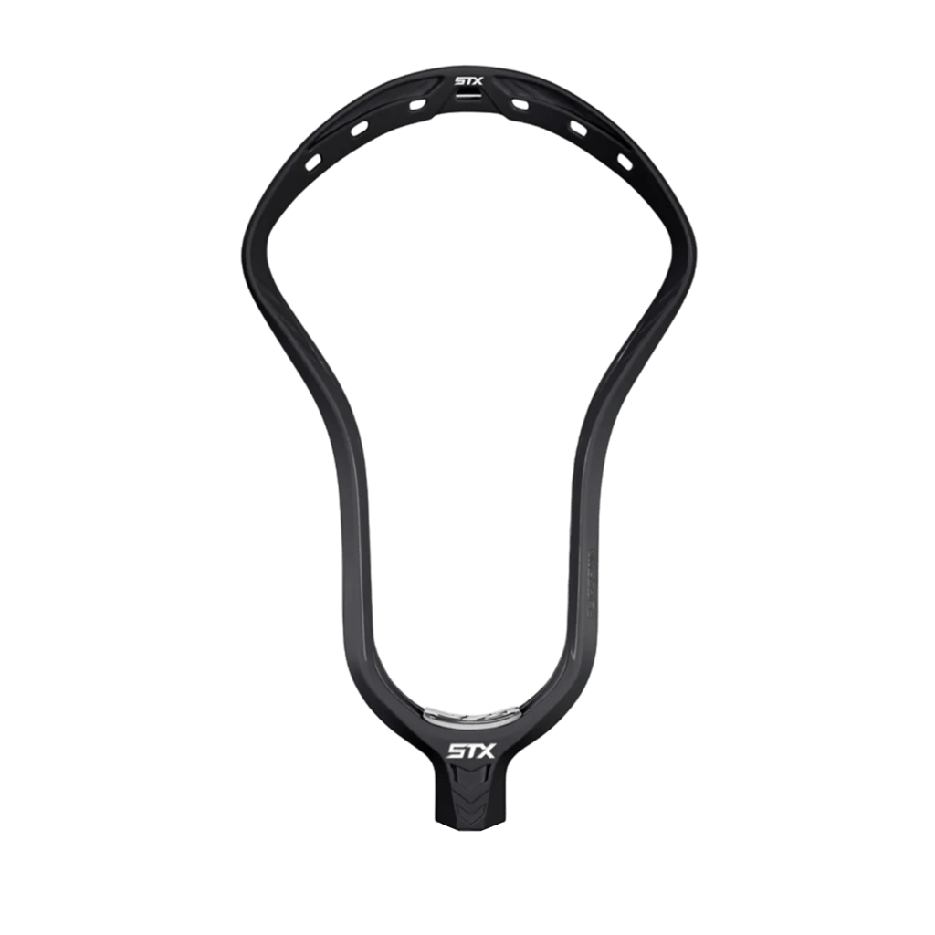Set against a green background, the STX Surgeon 1K Lacrosse Head stands out with its sleek black design and numerous stringing holes. The prestigious "STX" brand is prominently displayed on both the top and bottom, emphasizing its high-quality EnduraForm construction.