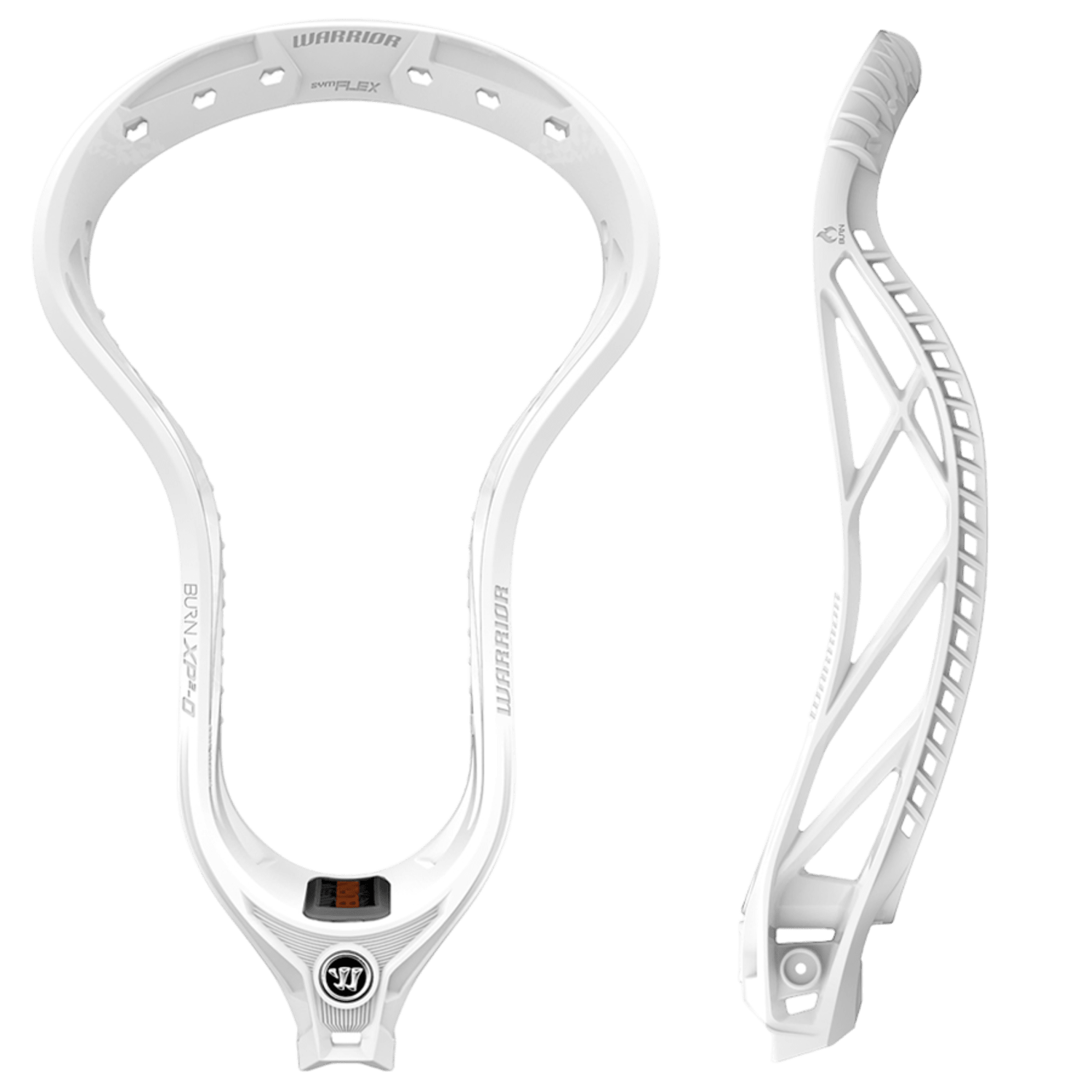 The Warrior Burn XP2-O Lacrosse Head is displayed in white, featuring views from both the front and side. It showcases a sleek, modern design with visible Warrior branding on the surface. The side view emphasizes its structured, open-grid sidewall designed to enhance ball-handling and shot power.
